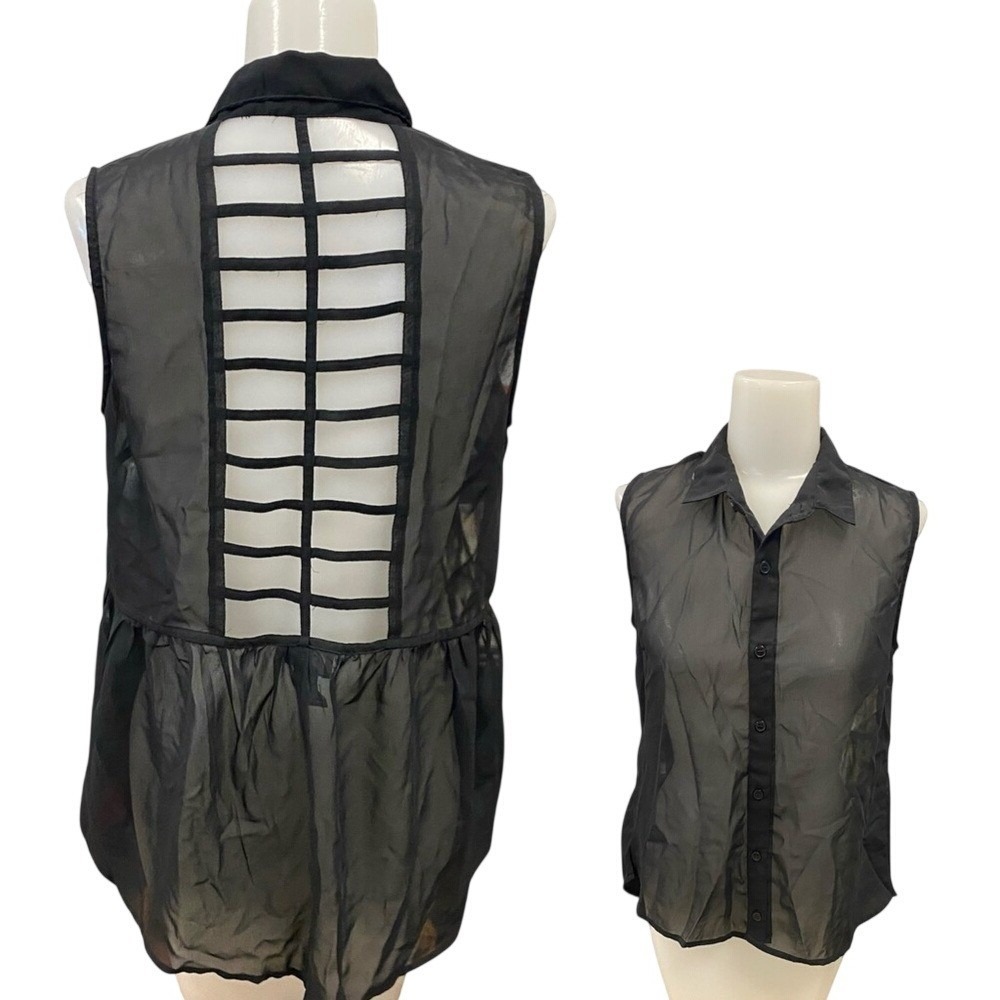Deb S Small‎ Sleeveless Top Womens Black Chiffon Sheer Cage Back Button Down